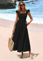 PRETTYGARDEN Womens Square Neck Maxi Dresses Cap Sleeve Eyelet Smocked Tiered A Line Flowy Long Dress with Pockets