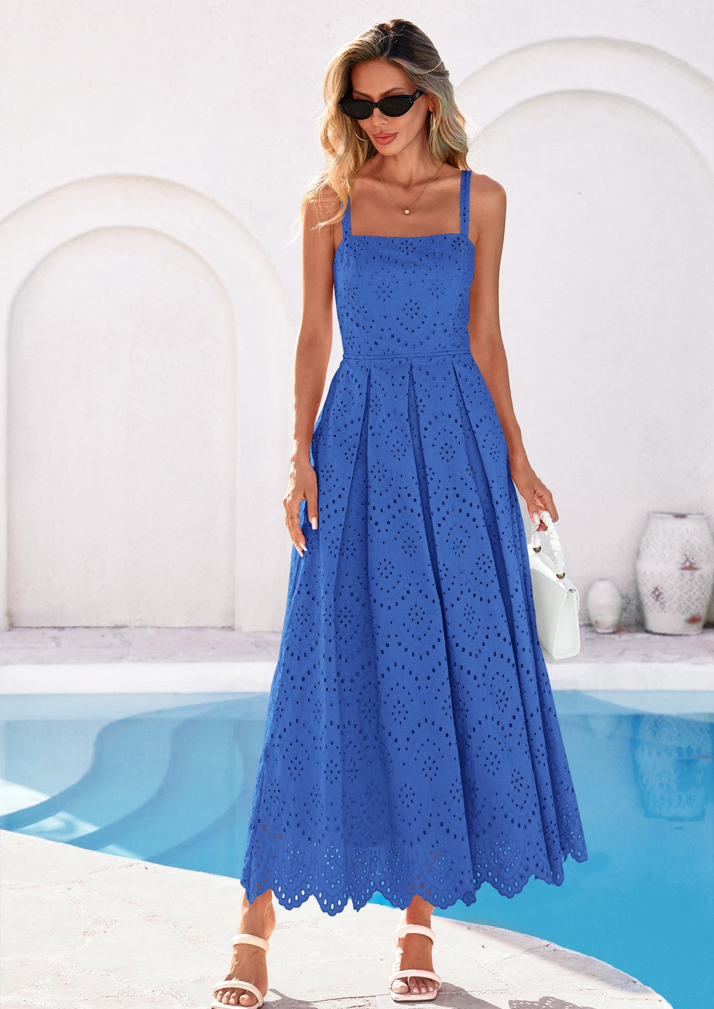 PRETTYGARDEN Womens Sleeveless Maxi Summer Dresses Hollow Out Eyelet Square Neck Ruffle Flowy Beach Vacation Sundress