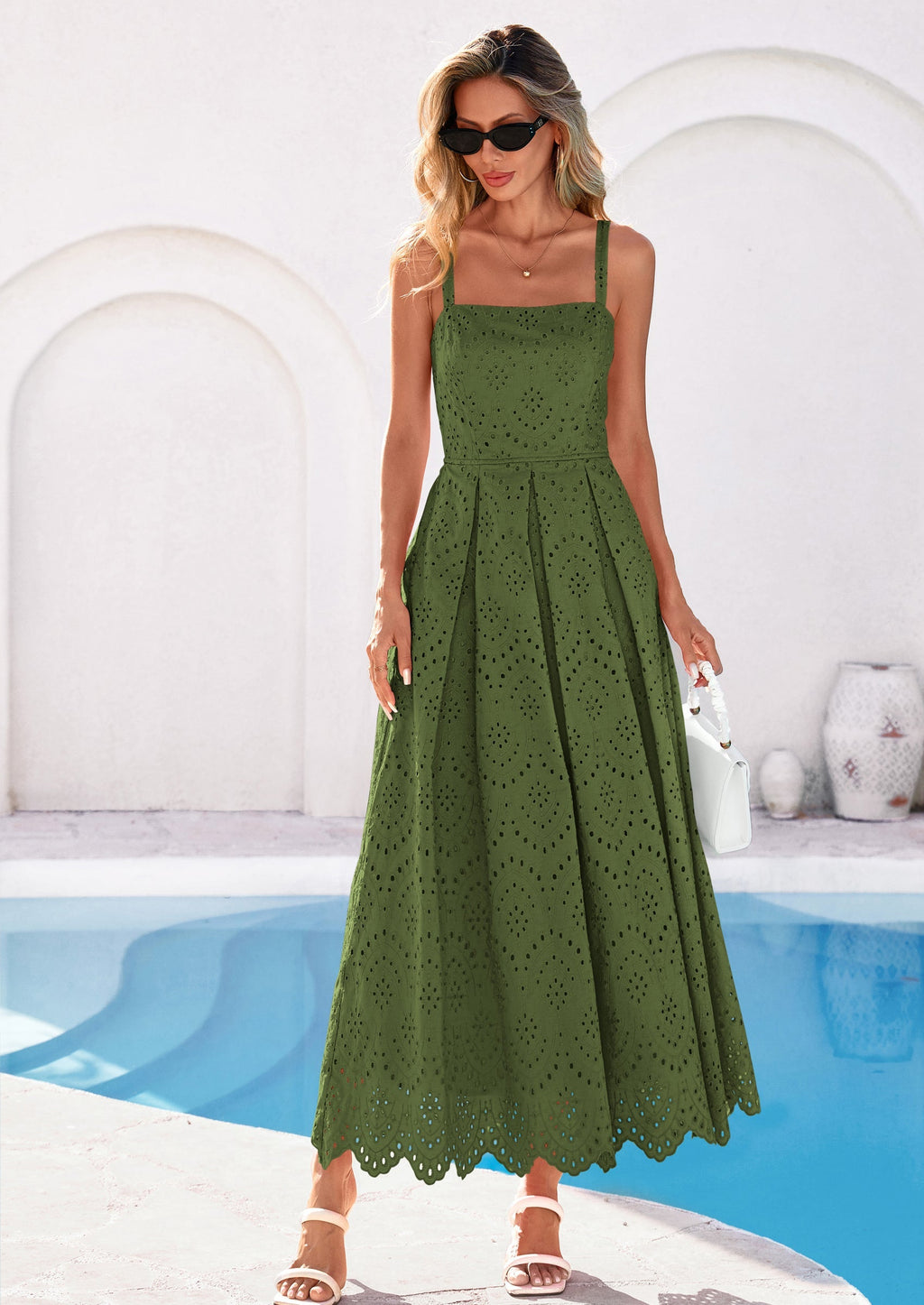 PRETTYGARDEN Womens Sleeveless Maxi Summer Dresses Hollow Out Eyelet Square Neck Ruffle Flowy Beach Vacation Sundress