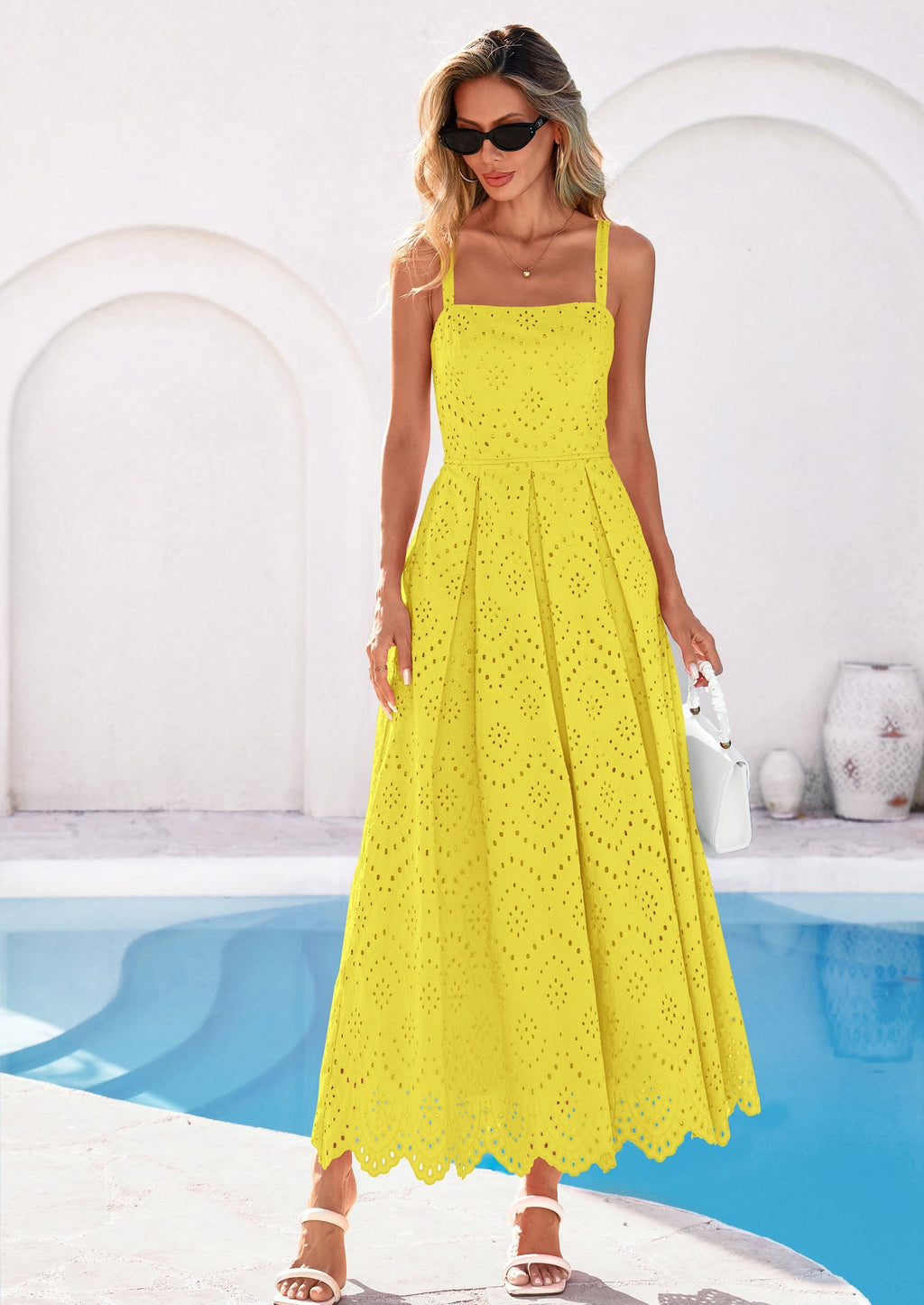 PRETTYGARDEN Womens Sleeveless Maxi Summer Dresses Hollow Out Eyelet Square Neck Ruffle Flowy Beach Vacation Sundress