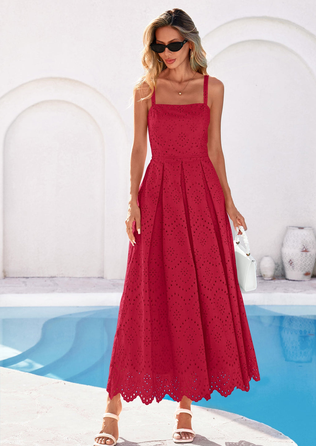 PRETTYGARDEN Womens Sleeveless Maxi Summer Dresses Hollow Out Eyelet Square Neck Ruffle Flowy Beach Vacation Sundress
