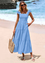 PRETTYGARDEN Womens Square Neck Maxi Dresses Cap Sleeve Eyelet Smocked Tiered A Line Flowy Long Dress with Pockets