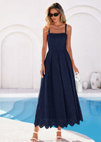 PRETTYGARDEN Womens Sleeveless Maxi Summer Dresses Hollow Out Eyelet Square Neck Ruffle Flowy Beach Vacation Sundress