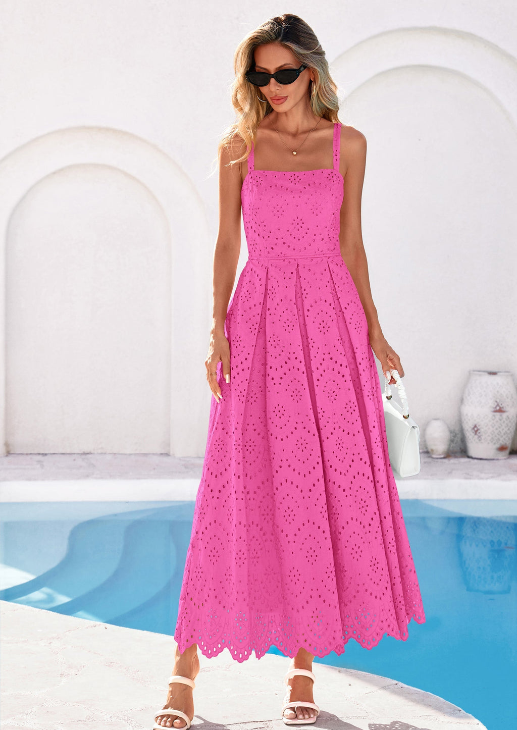 PRETTYGARDEN Womens Sleeveless Maxi Summer Dresses Hollow Out Eyelet Square Neck Ruffle Flowy Beach Vacation Sundress