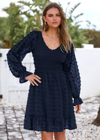 BTFBM Spring Dresses for Women 2026 Long Sleeve Casual V Neck Swiss Dot Smocked Ruffle Chiffon Flowy Mini Summer Dress