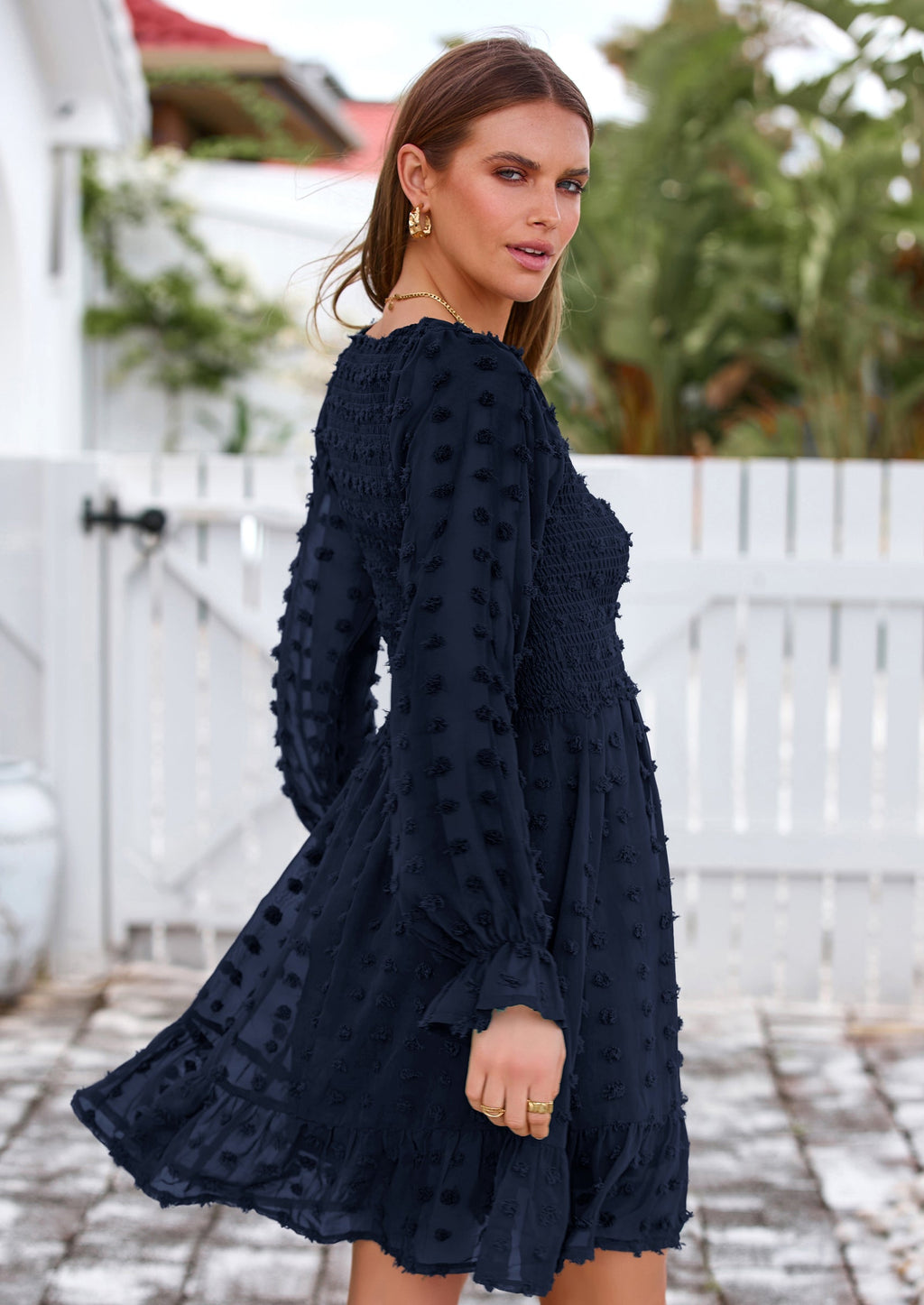 BTFBM Spring Dresses for Women 2026 Long Sleeve Casual V Neck Swiss Dot Smocked Ruffle Chiffon Flowy Mini Summer Dress