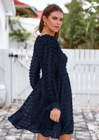 BTFBM Spring Dresses for Women 2026 Long Sleeve Casual V Neck Swiss Dot Smocked Ruffle Chiffon Flowy Mini Summer Dress