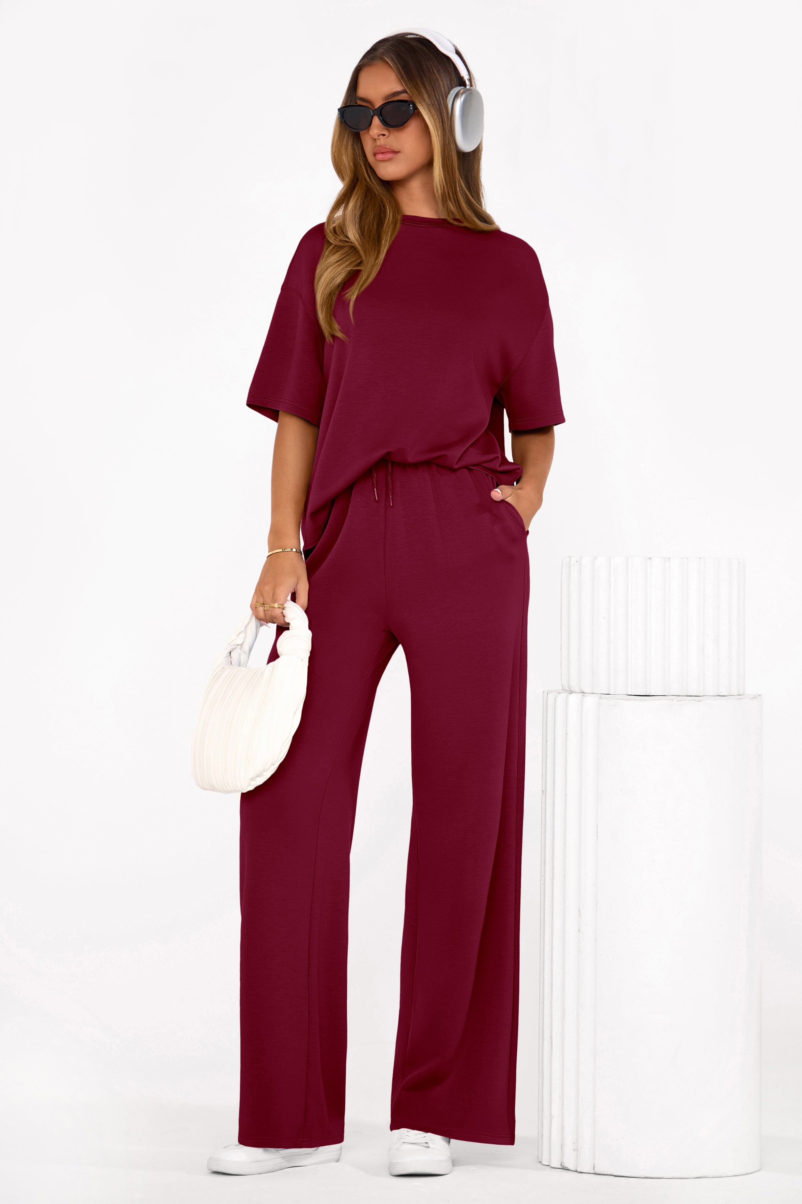 PRETTYGARDEN Women's Summer 2 Piece Lounge Set Short Sleeve Tops Wide Leg Pants Spring Vacation Travel Outfits Clothes