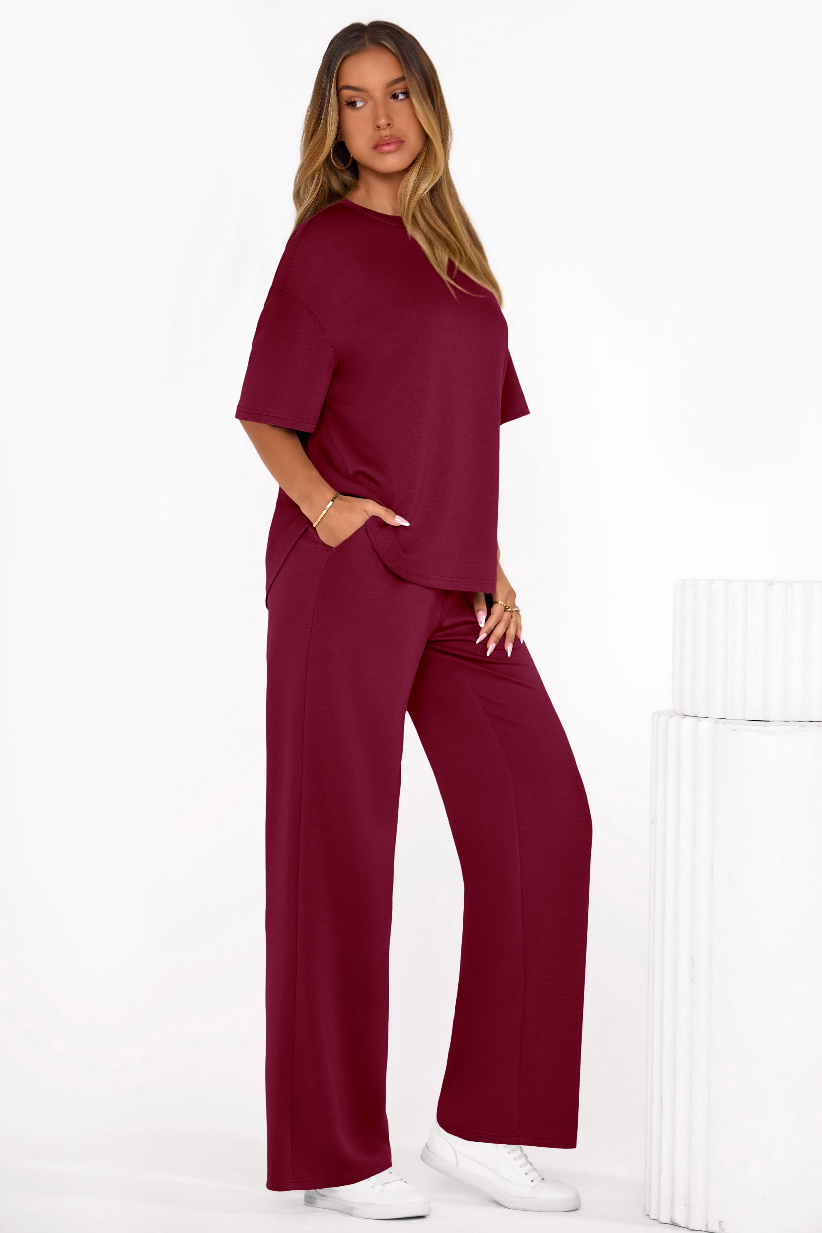 PRETTYGARDEN Women's Summer 2 Piece Lounge Set Short Sleeve Tops Wide Leg Pants Spring Vacation Travel Outfits Clothes