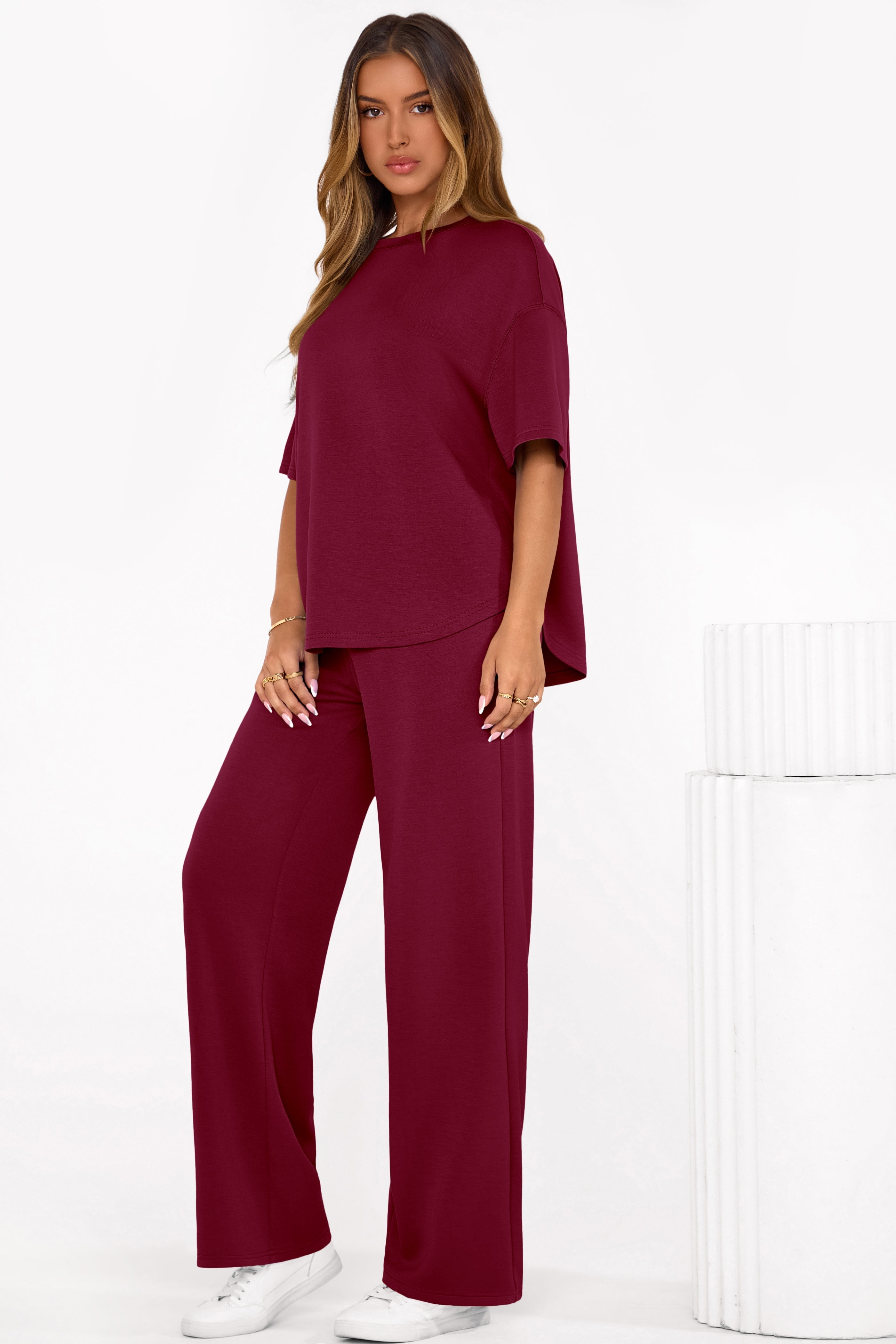 PRETTYGARDEN Women's Summer 2 Piece Lounge Set Short Sleeve Tops Wide Leg Pants Spring Vacation Travel Outfits Clothes