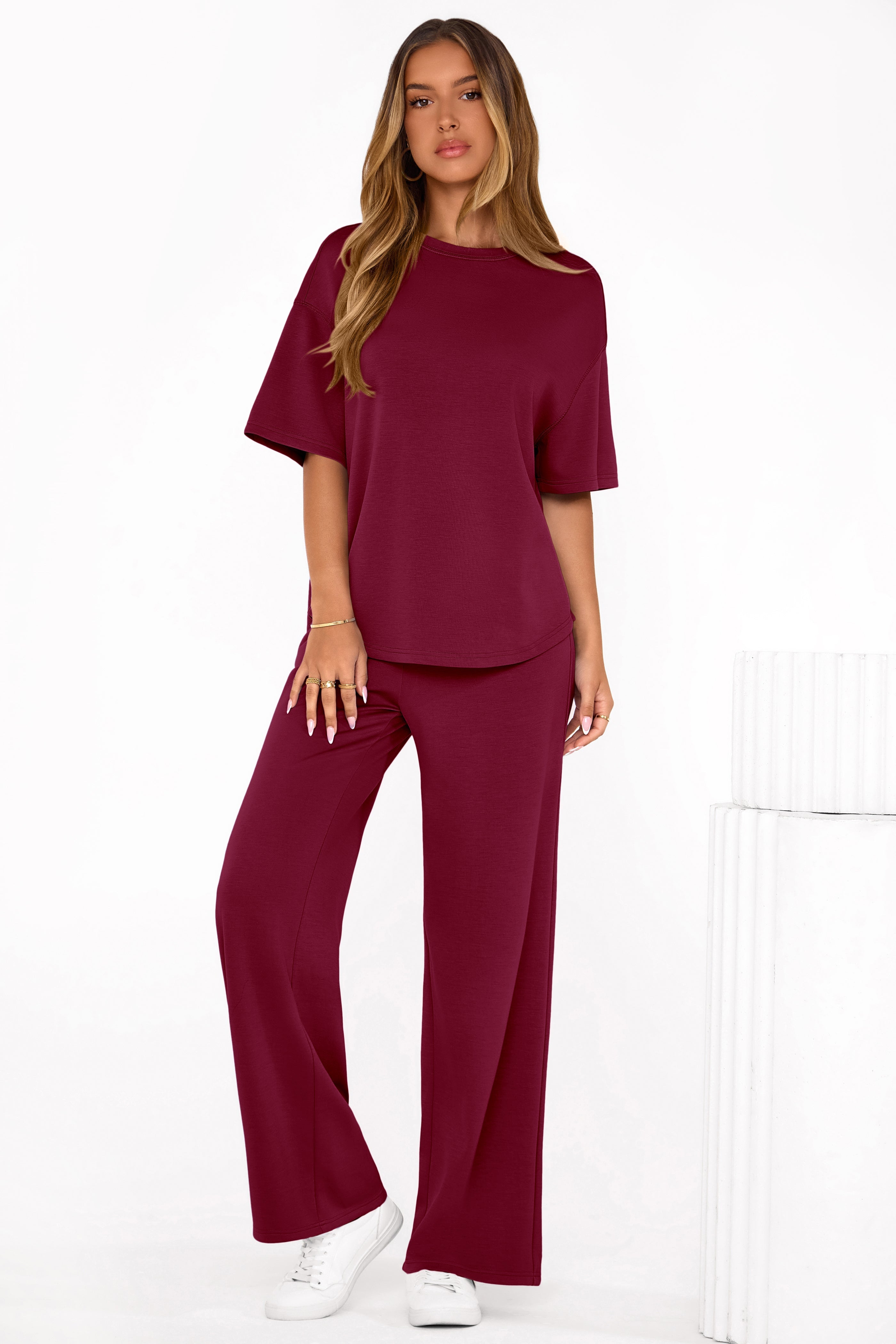 PRETTYGARDEN Women's Summer 2 Piece Lounge Set Short Sleeve Tops Wide Leg Pants Spring Vacation Travel Outfits Clothes