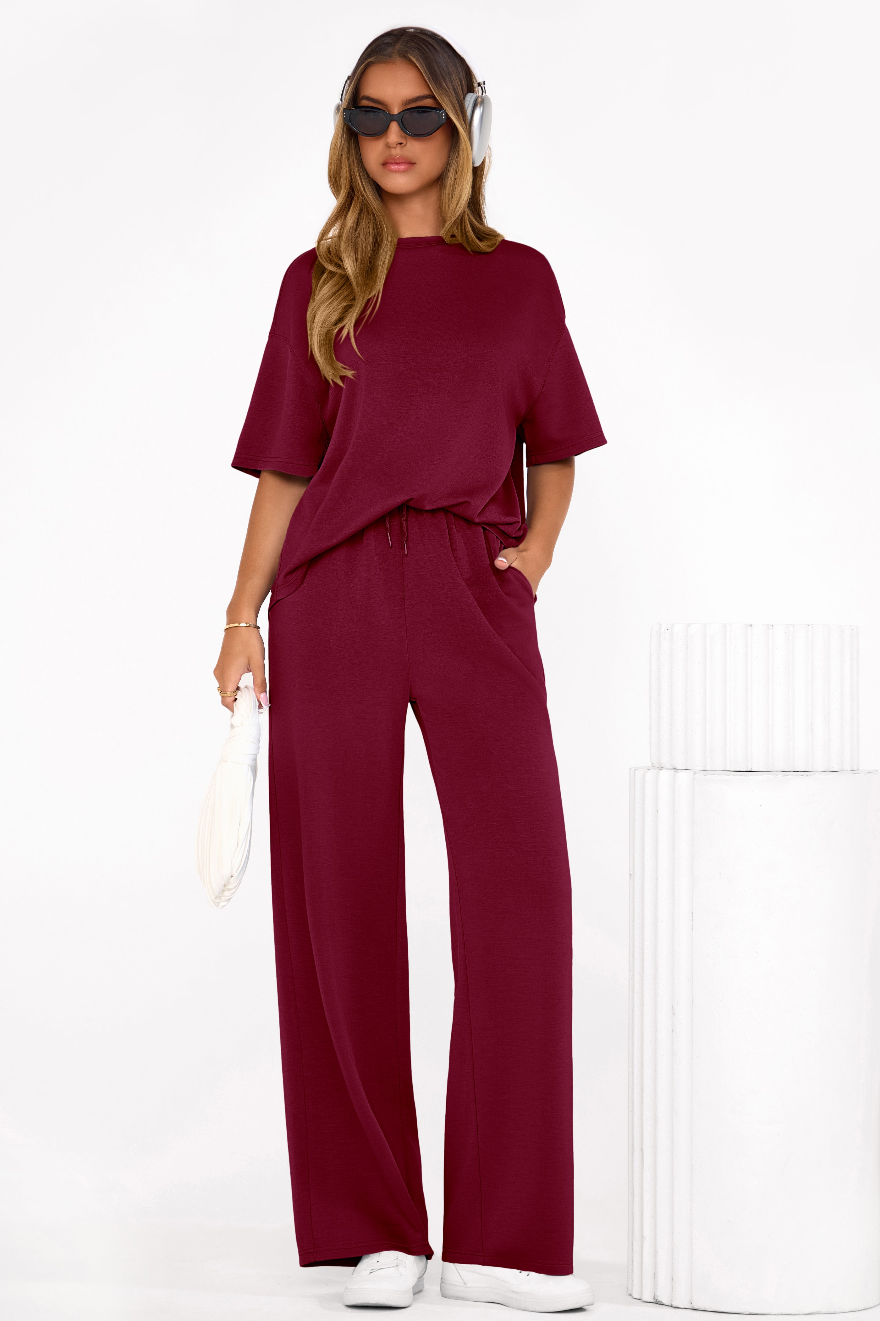 PRETTYGARDEN Women's Summer 2 Piece Lounge Set Short Sleeve Tops Wide Leg Pants Spring Vacation Travel Outfits Clothes