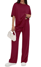 PRETTYGARDEN Women's Summer 2 Piece Lounge Set Short Sleeve Tops Wide Leg Pants Spring Vacation Travel Outfits Clothes