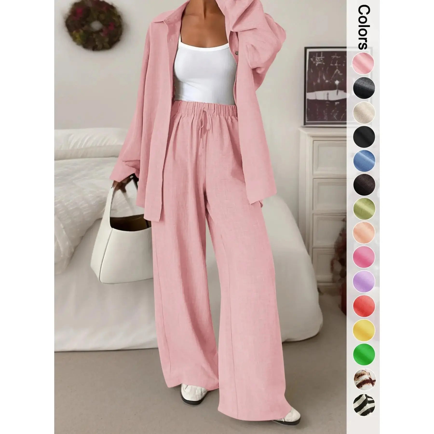 Women's Casual Sporty Shirt and Long Pants Set, Loose Button-Up Top and Wide-Leg Pants Two-Piece Set, Comfortable and Stylish