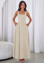 PRETTYGARDEN Womens Summer Dresses Sleeveless Elegant Square Neck Aline Swing Maxi Beach Wedding Guest Dress Pockets