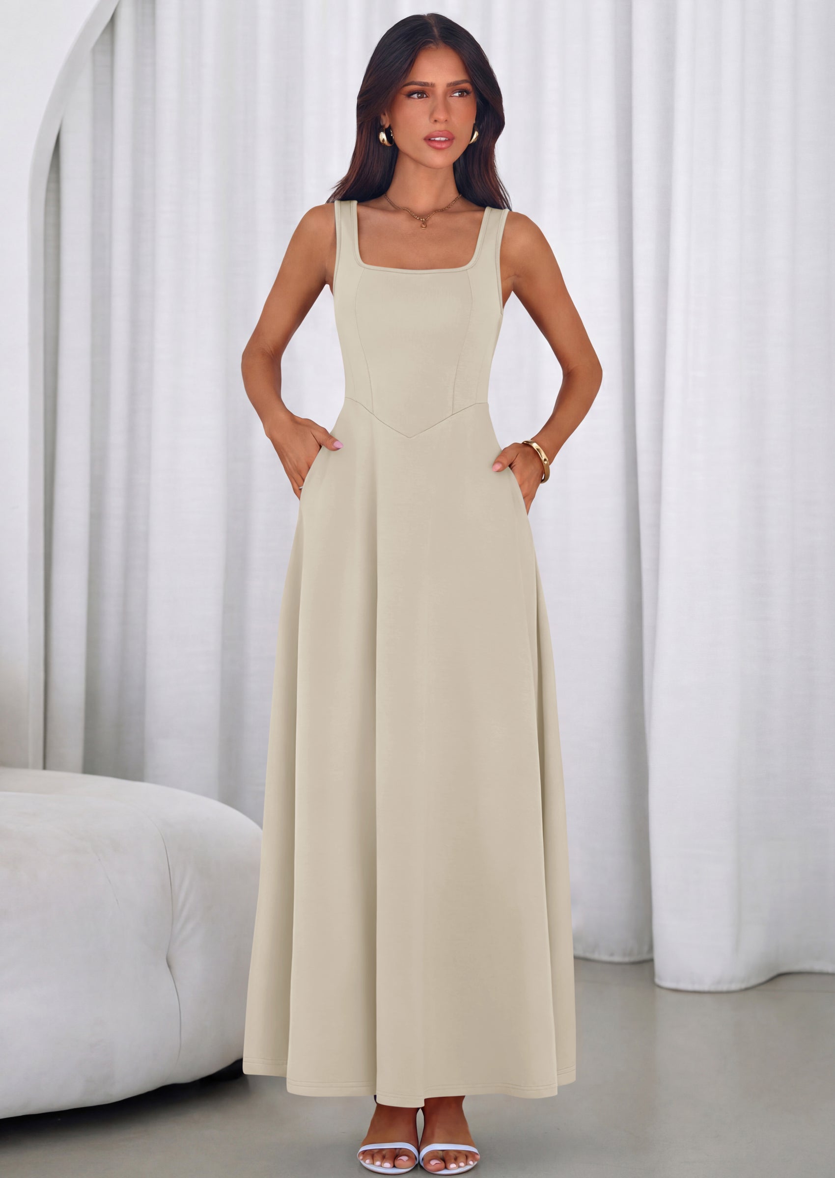PRETTYGARDEN Womens Summer Dresses Sleeveless Elegant Square Neck Aline Swing Maxi Beach Wedding Guest Dress Pockets