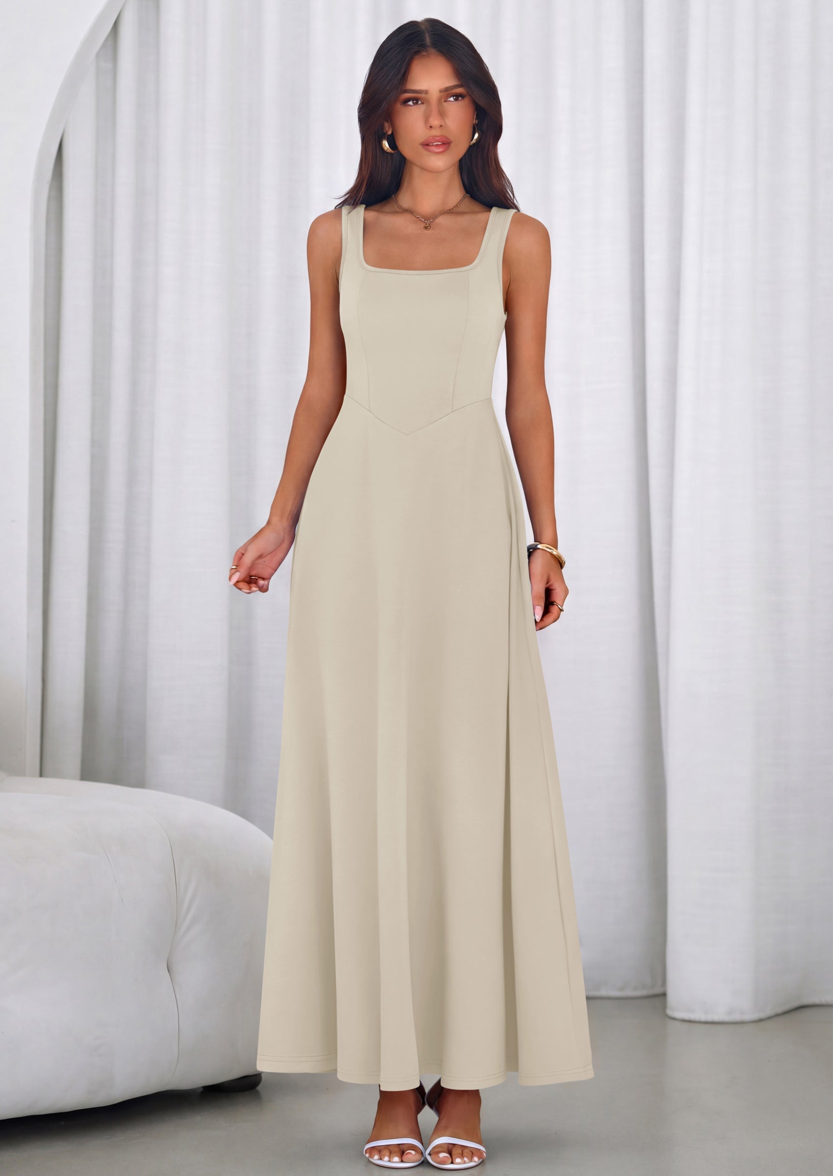 PRETTYGARDEN Womens Summer Dresses Sleeveless Elegant Square Neck Aline Swing Maxi Beach Wedding Guest Dress Pockets