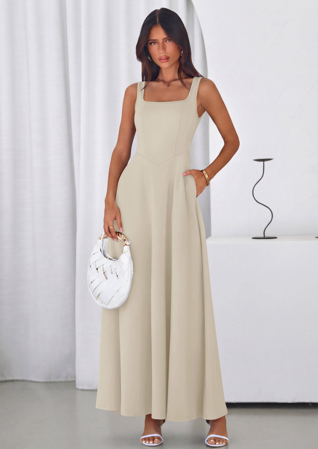 PRETTYGARDEN Womens Summer Dresses Sleeveless Elegant Square Neck Aline Swing Maxi Beach Wedding Guest Dress Pockets
