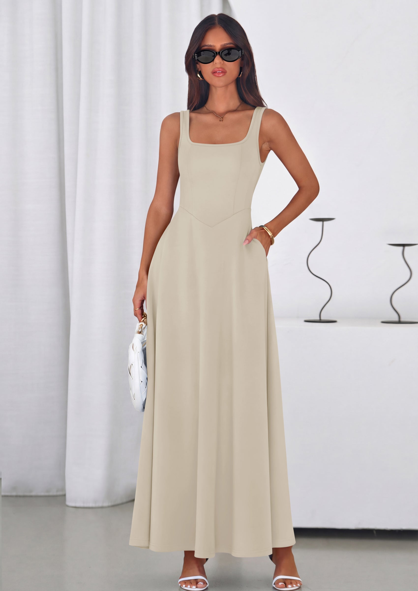 PRETTYGARDEN Womens Summer Dresses Sleeveless Elegant Square Neck Aline Swing Maxi Beach Wedding Guest Dress Pockets