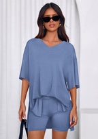 PRETTYGARDEN 2 Piece Sets for Women Summer Lounge Short Set Spring Matching Biker Shorts V Neck Oversized Shirt Clothing