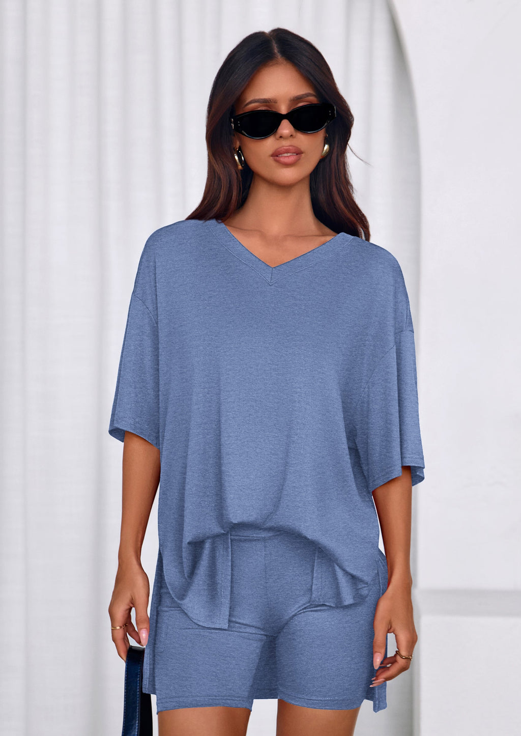 PRETTYGARDEN 2 Piece Sets for Women Summer Lounge Short Set Spring Matching Biker Shorts V Neck Oversized Shirt Clothing