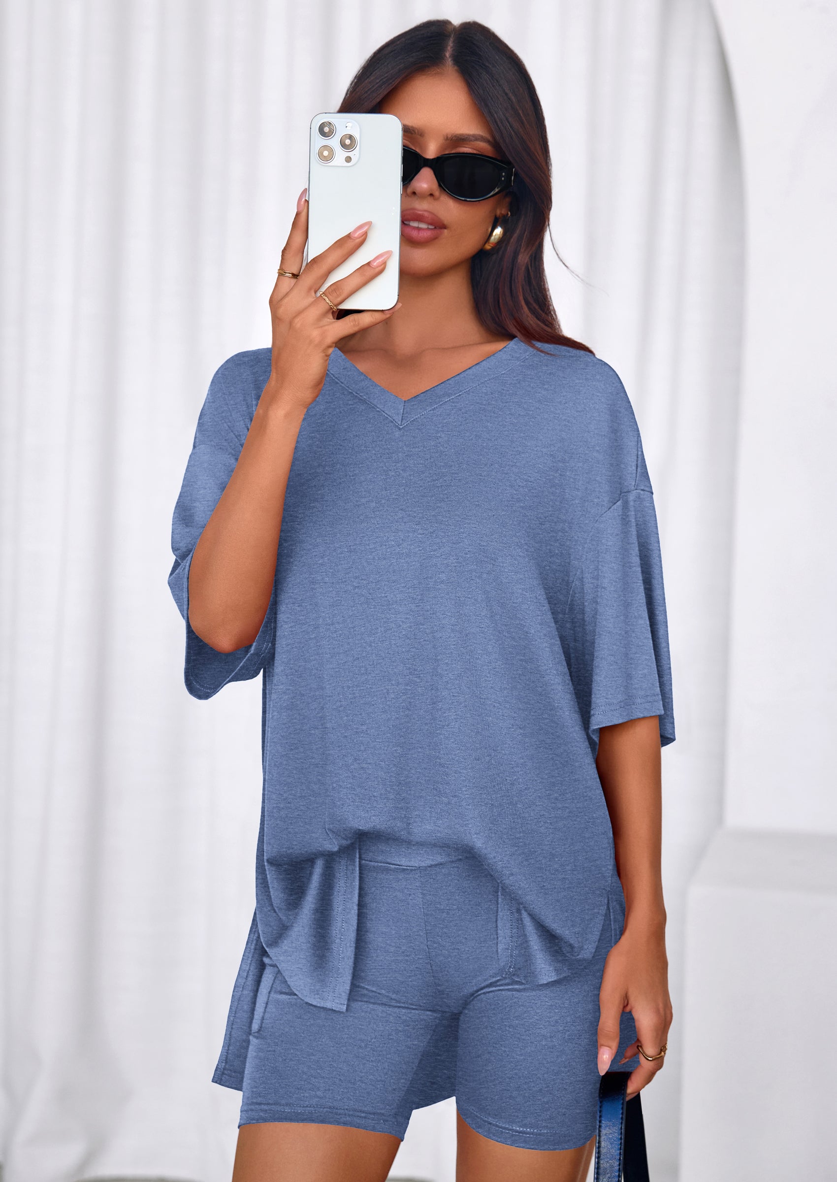 PRETTYGARDEN 2 Piece Sets for Women Summer Lounge Short Set Spring Matching Biker Shorts V Neck Oversized Shirt Clothing