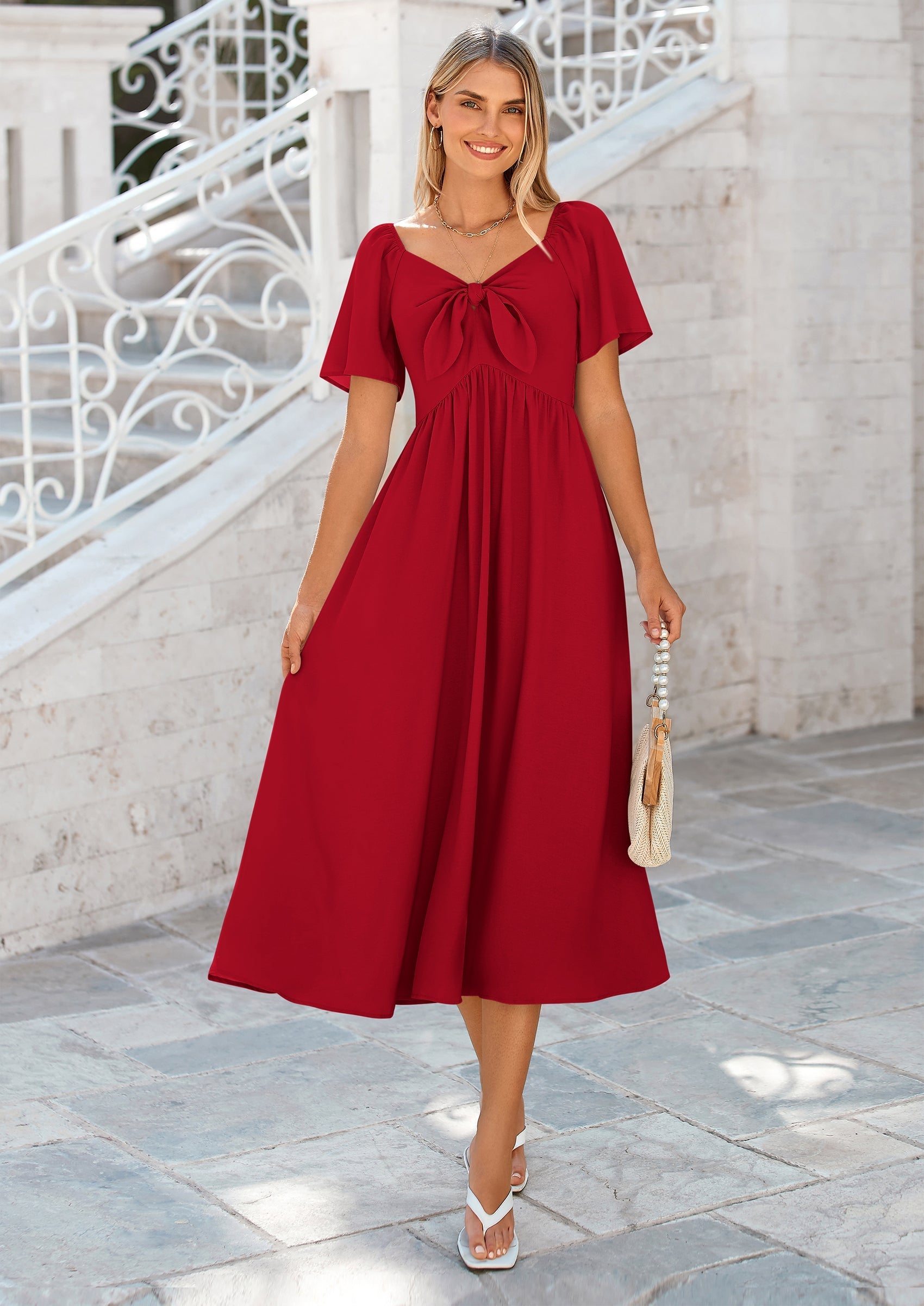 PRETTYGARDEN Summer Dress for Women Casual Short Sleeve Bow Tie V Neck Ruffle Midi Flowy Dresses