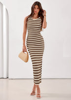 PRETTYGARDEN Sundresses for Women Summer Striped Knit Side Slit Spring Fashion Bodycon Maxi Dress Beach Vacation Clothes