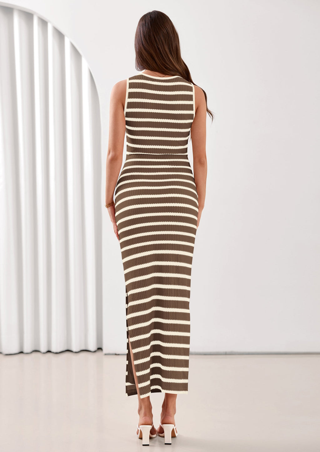 PRETTYGARDEN Sundresses for Women Summer Striped Knit Side Slit Spring Fashion Bodycon Maxi Dress Beach Vacation Clothes