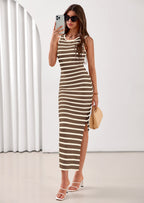 PRETTYGARDEN Sundresses for Women Summer Striped Knit Side Slit Spring Fashion Bodycon Maxi Dress Beach Vacation Clothes