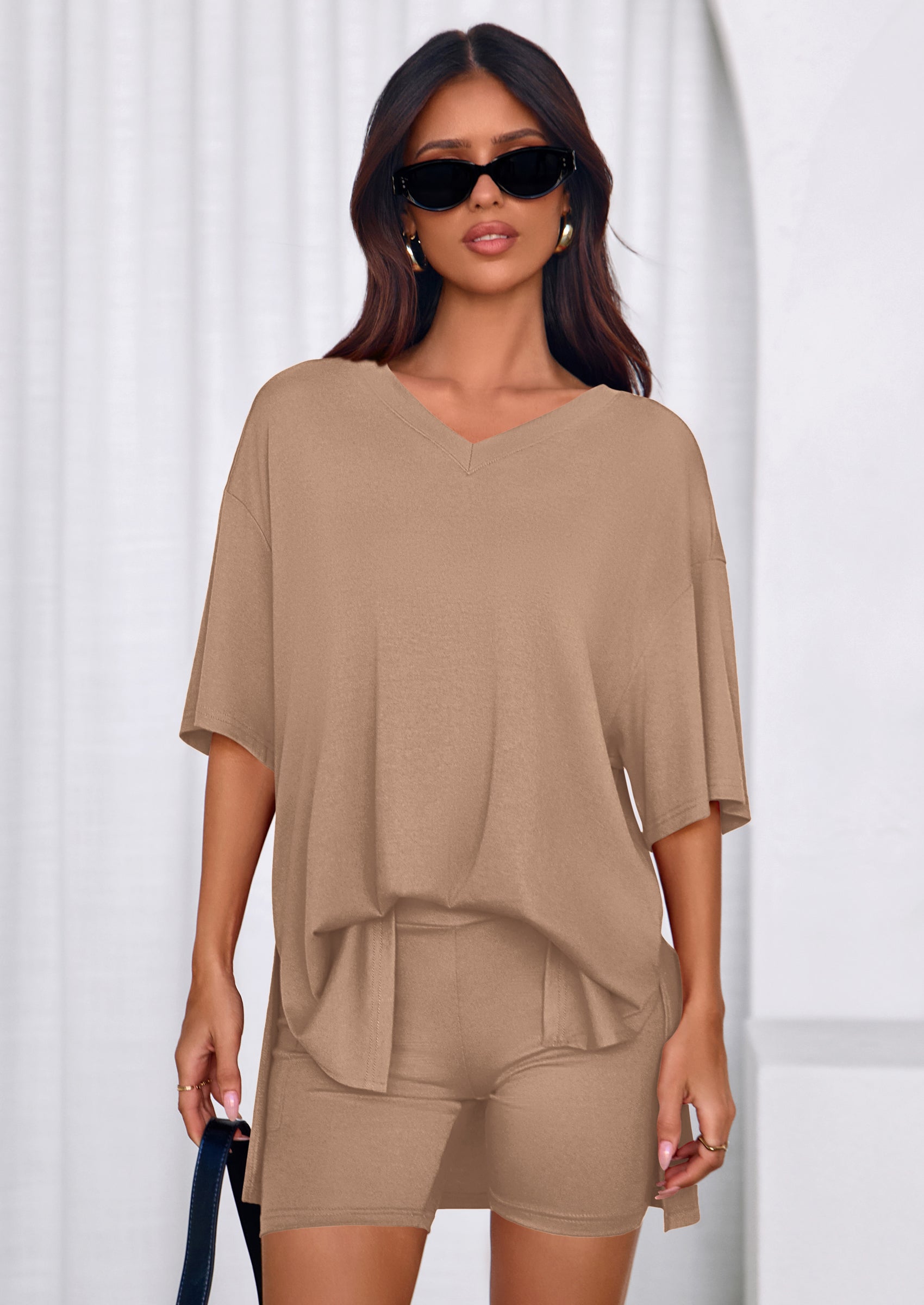 PRETTYGARDEN 2 Piece Sets for Women Summer Lounge Short Set Spring Matching Biker Shorts V Neck Oversized Shirt Clothing