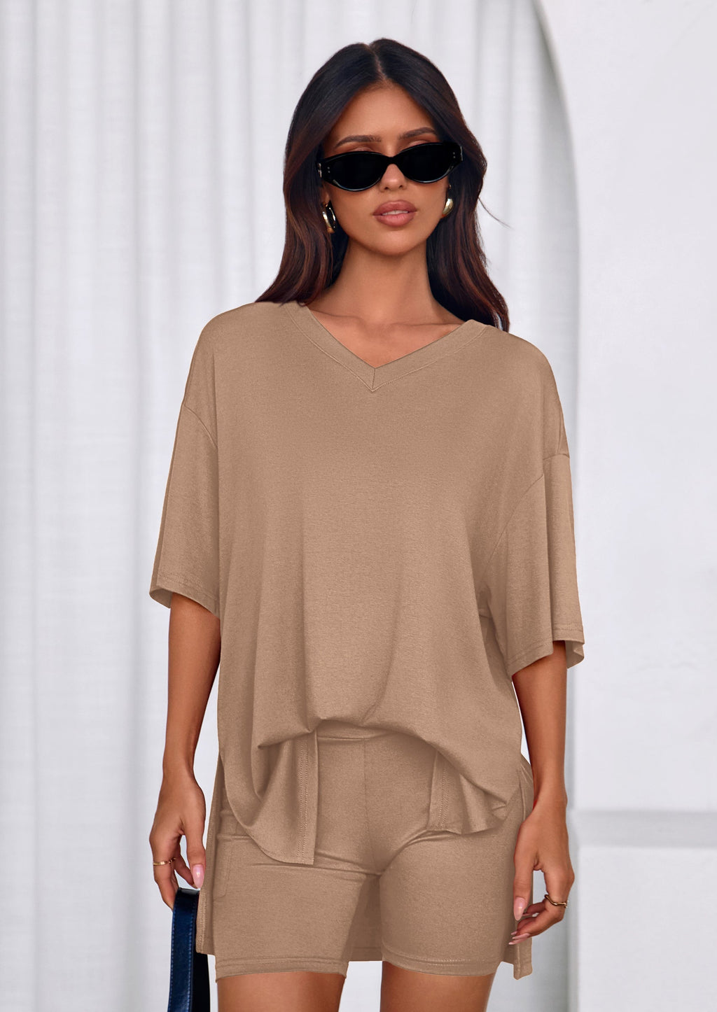 PRETTYGARDEN 2 Piece Sets for Women Summer Lounge Short Set Spring Matching Biker Shorts V Neck Oversized Shirt Clothing