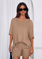 PRETTYGARDEN 2 Piece Sets for Women Summer Lounge Short Set Spring Matching Biker Shorts V Neck Oversized Shirt Clothing