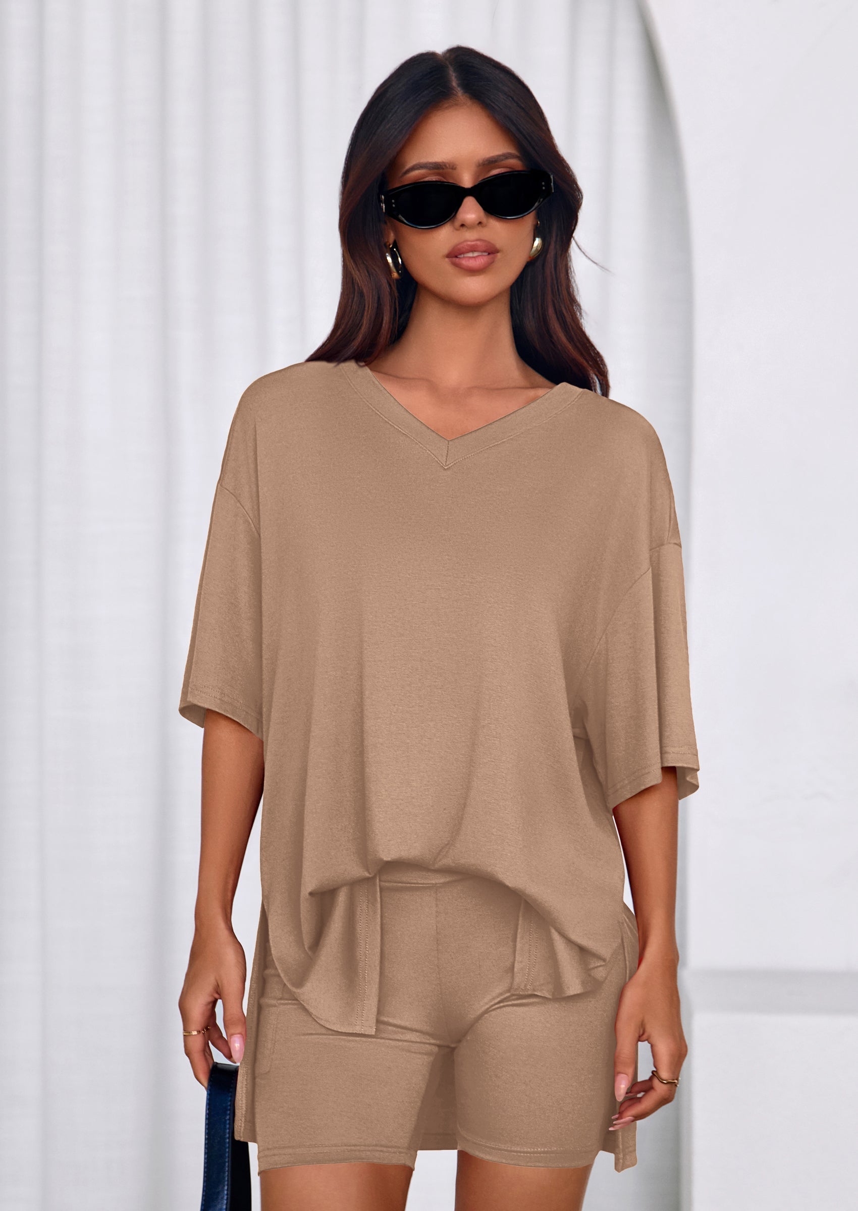 PRETTYGARDEN 2 Piece Sets for Women Summer Lounge Short Set Spring Matching Biker Shorts V Neck Oversized Shirt Clothing