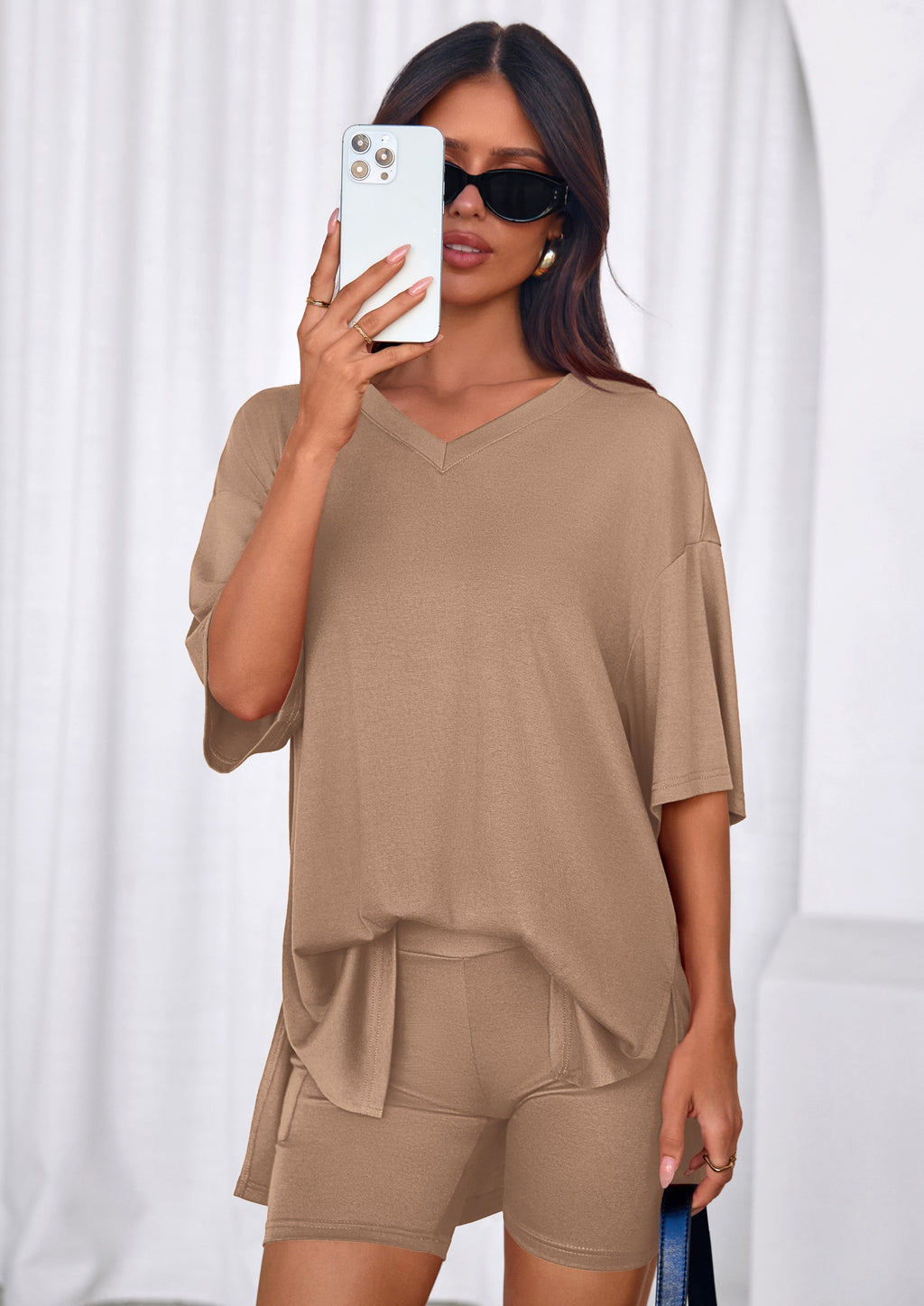 PRETTYGARDEN 2 Piece Sets for Women Summer Lounge Short Set Spring Matching Biker Shorts V Neck Oversized Shirt Clothing