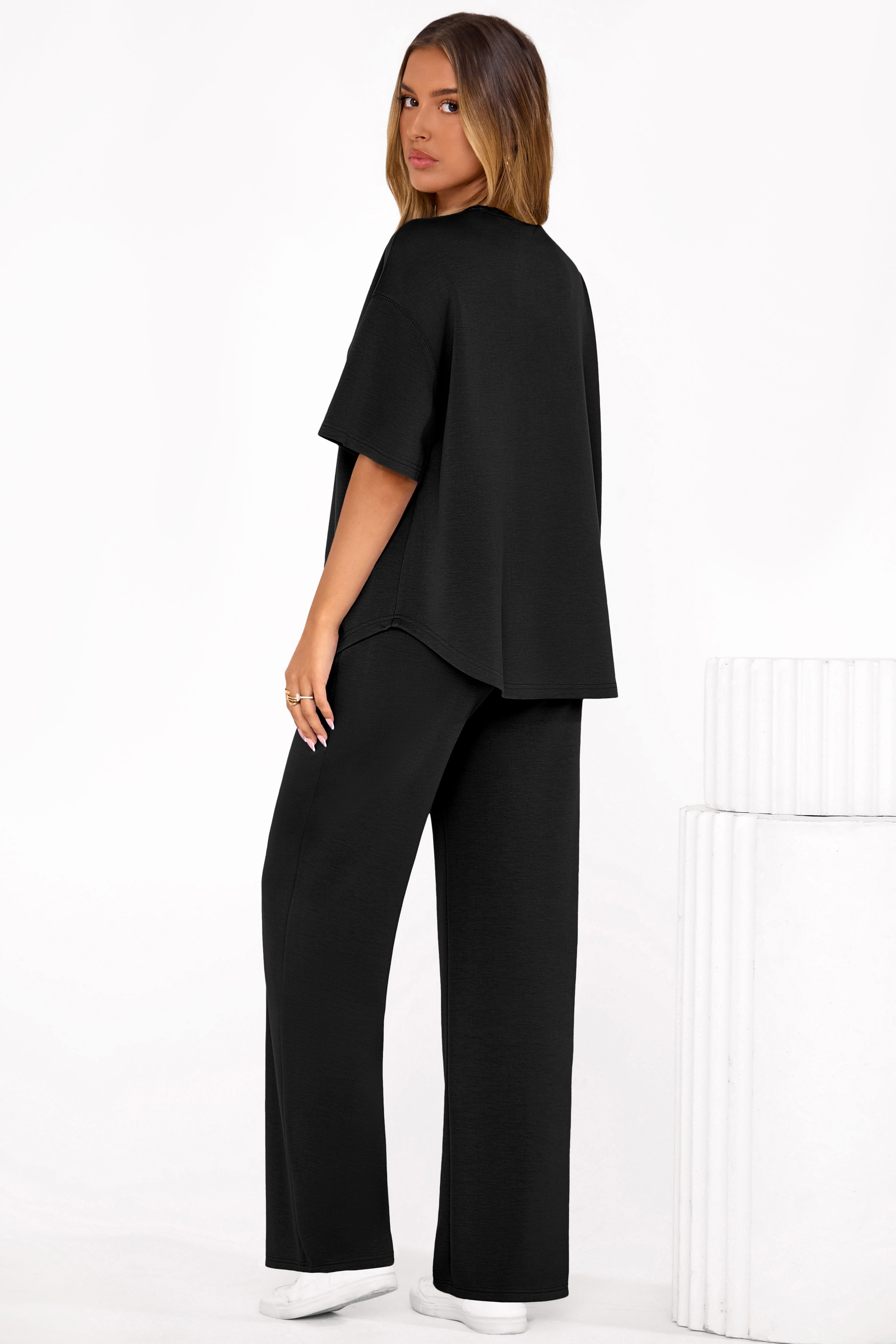 PRETTYGARDEN Women's Summer 2 Piece Lounge Set Short Sleeve Tops Wide Leg Pants Spring Vacation Travel Outfits Clothes