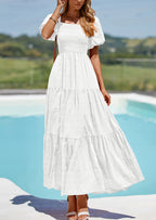 PRETTYGARDEN Womens Summer Puff Short Sleeve Maxi Dress Square Neck Smocked Tiered Ruffle A Line Long Flowy Beach Dresses