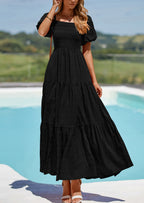 PRETTYGARDEN Womens Summer Puff Short Sleeve Maxi Dress Square Neck Smocked Tiered Ruffle A Line Long Flowy Beach Dresses