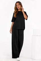 PRETTYGARDEN Women's Summer 2 Piece Lounge Set Short Sleeve Tops Wide Leg Pants Spring Vacation Travel Outfits Clothes