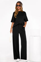 PRETTYGARDEN Women's Summer 2 Piece Lounge Set Short Sleeve Tops Wide Leg Pants Spring Vacation Travel Outfits Clothes