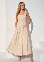 PRETTYGARDEN Womens Summer Maxi Dresses Casual Sleeveless Square Neck Jacquard Flowy Wedding Guest Beach Boho Long Dress