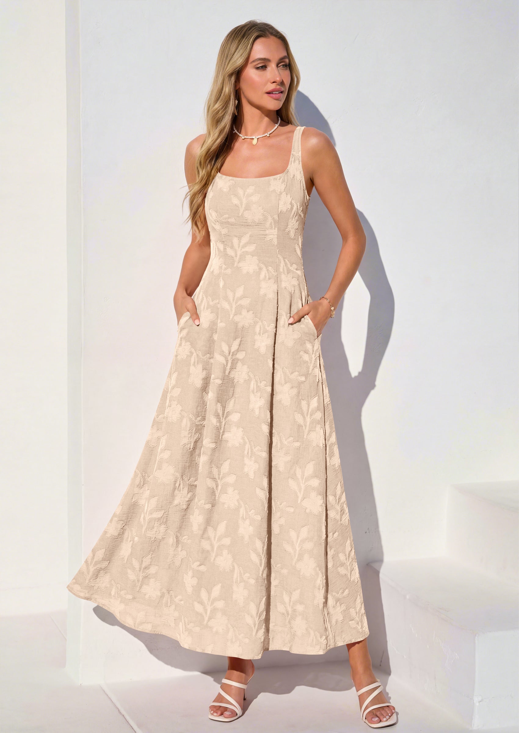 PRETTYGARDEN Womens Summer Maxi Dresses Casual Sleeveless Square Neck Jacquard Flowy Wedding Guest Beach Boho Long Dress