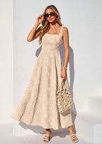 PRETTYGARDEN Womens Summer Maxi Dresses Casual Sleeveless Square Neck Jacquard Flowy Wedding Guest Beach Boho Long Dress