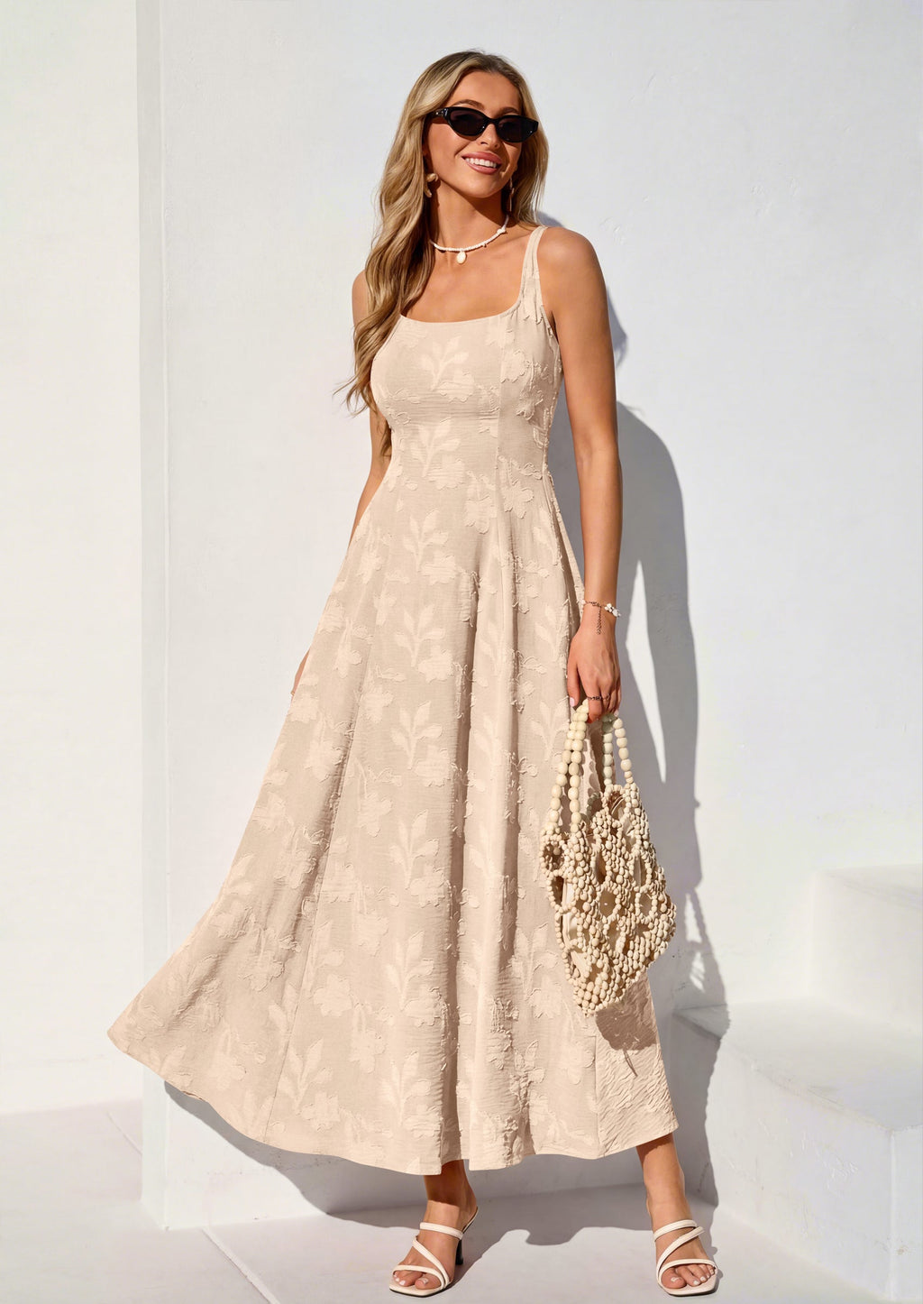 PRETTYGARDEN Womens Summer Maxi Dresses Casual Sleeveless Square Neck Jacquard Flowy Wedding Guest Beach Boho Long Dress