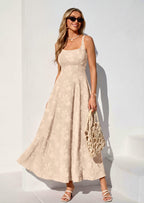PRETTYGARDEN Womens Summer Maxi Dresses Casual Sleeveless Square Neck Jacquard Flowy Wedding Guest Beach Boho Long Dress
