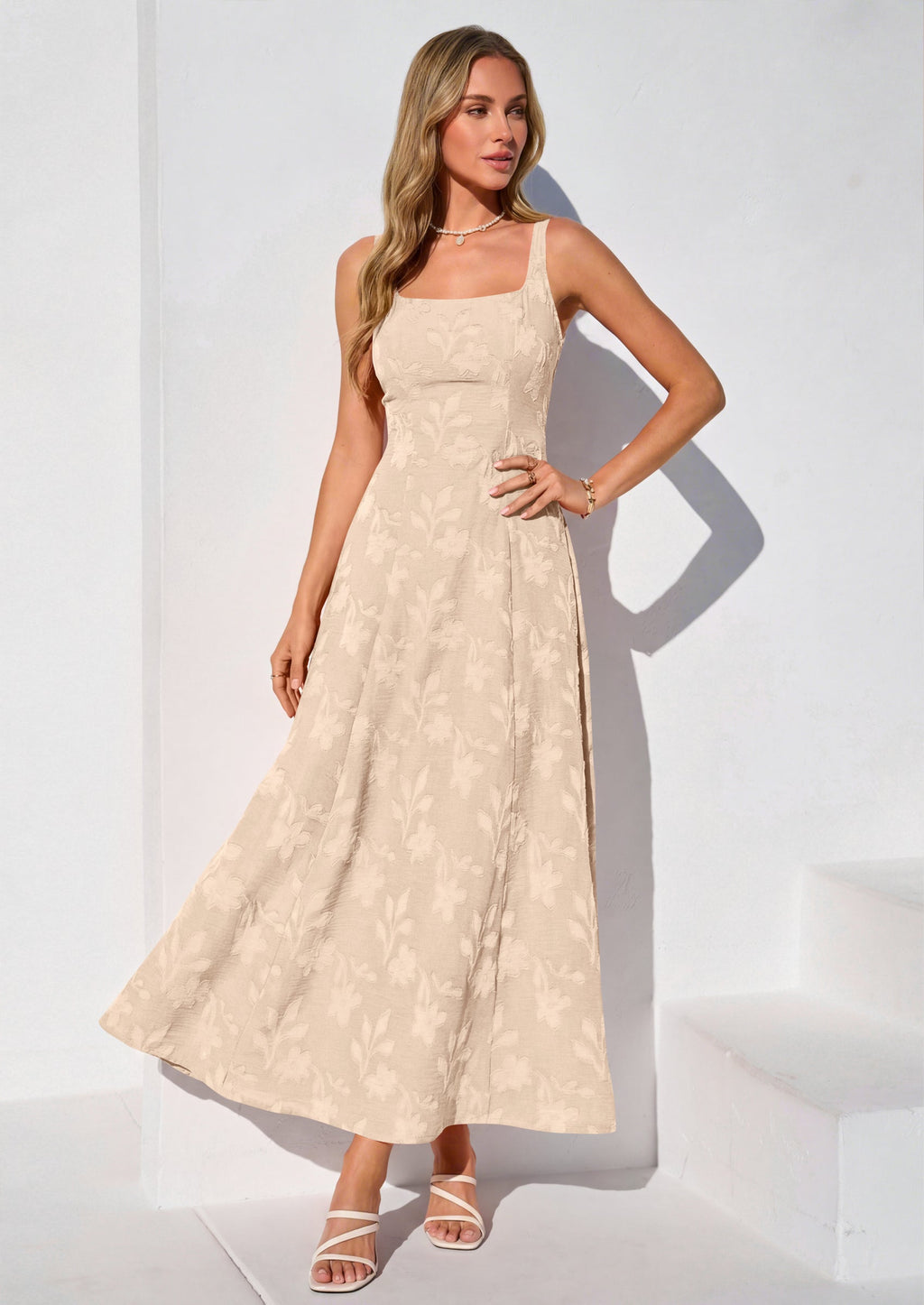 PRETTYGARDEN Womens Summer Maxi Dresses Casual Sleeveless Square Neck Jacquard Flowy Wedding Guest Beach Boho Long Dress