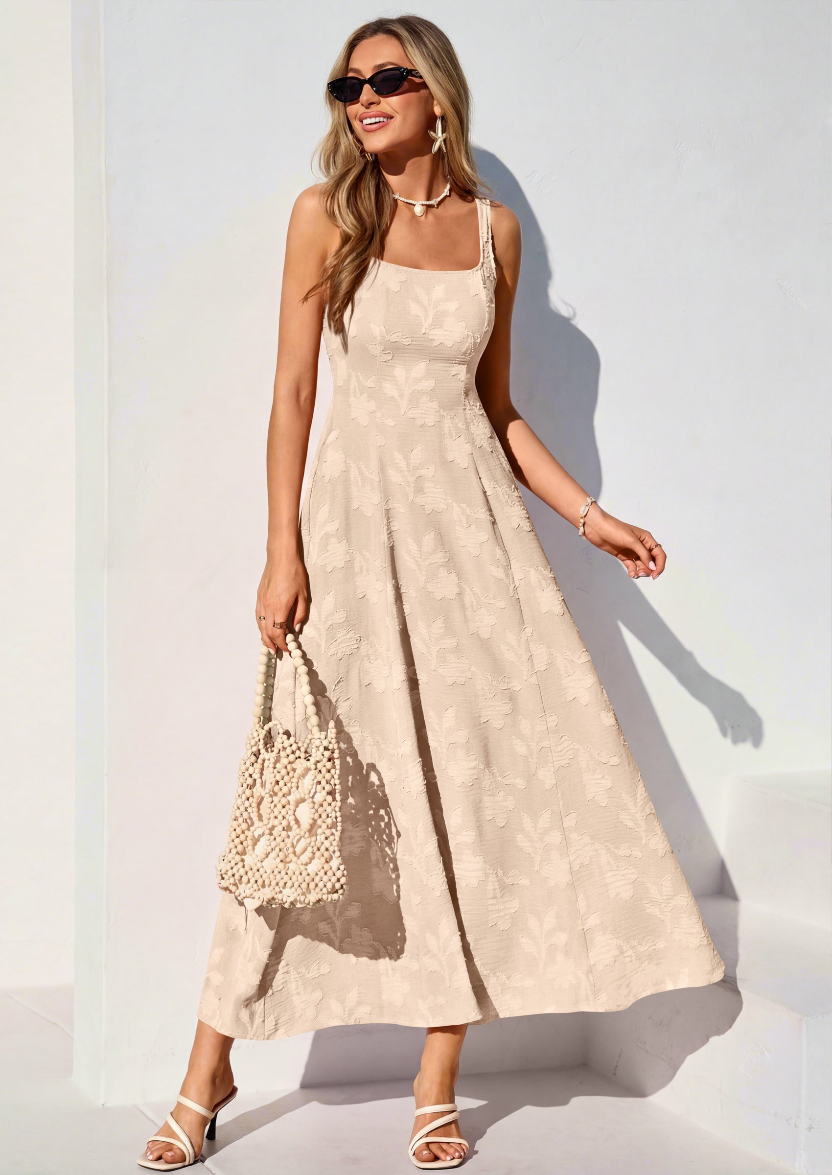 PRETTYGARDEN Womens Summer Maxi Dresses Casual Sleeveless Square Neck Jacquard Flowy Wedding Guest Beach Boho Long Dress