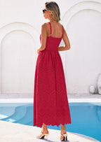 PRETTYGARDEN Womens Sleeveless Maxi Summer Dresses Hollow Out Eyelet Square Neck Ruffle Flowy Beach Vacation Sundress