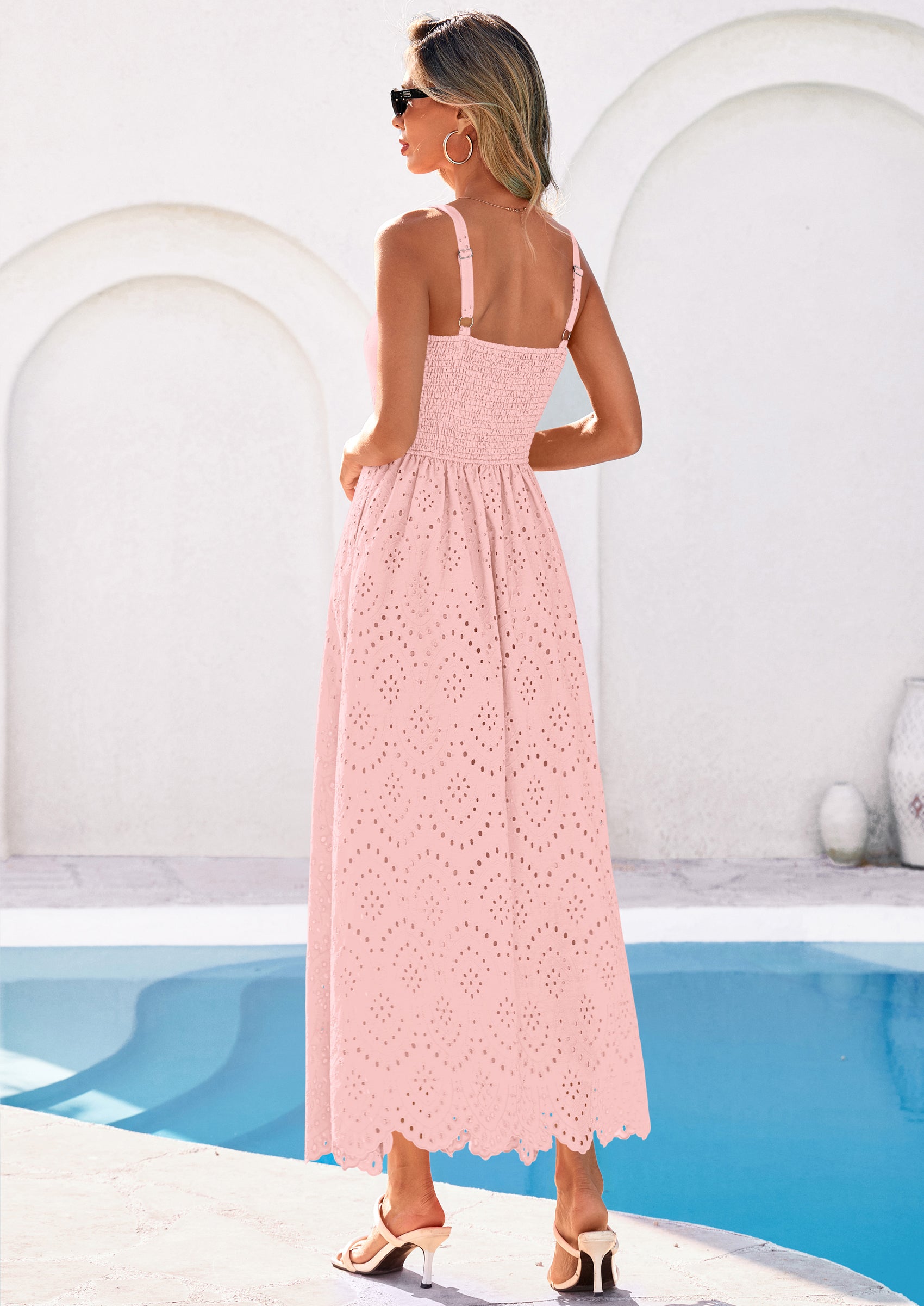 PRETTYGARDEN Womens Sleeveless Maxi Summer Dresses Hollow Out Eyelet Square Neck Ruffle Flowy Beach Vacation Sundress