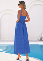 PRETTYGARDEN Womens Sleeveless Maxi Summer Dresses Hollow Out Eyelet Square Neck Ruffle Flowy Beach Vacation Sundress